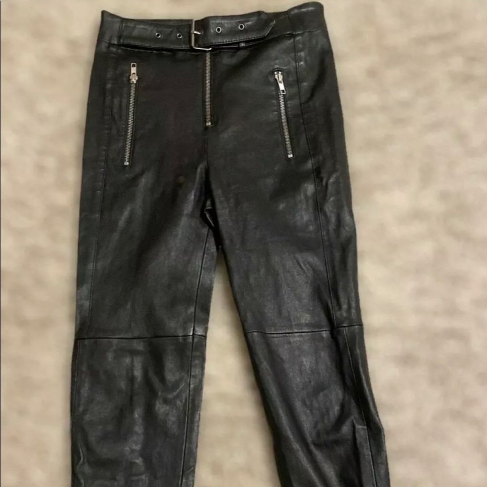 A.L.C. Belted Black Lamb Leather Pants Zipper Detail US Size 0 $1,195